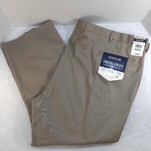 Haggar Pants Mens 52x30 Iron Free Premium Khaki Classic Fit Pleated Tan NWT